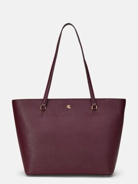 Ralph Lauren Maroon Leather Tote with Gold RL Accent